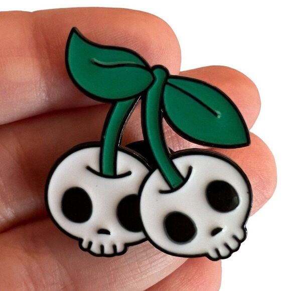 Cherry Skull Heads Enamel Pin Super Cute - Picture 3 of 8